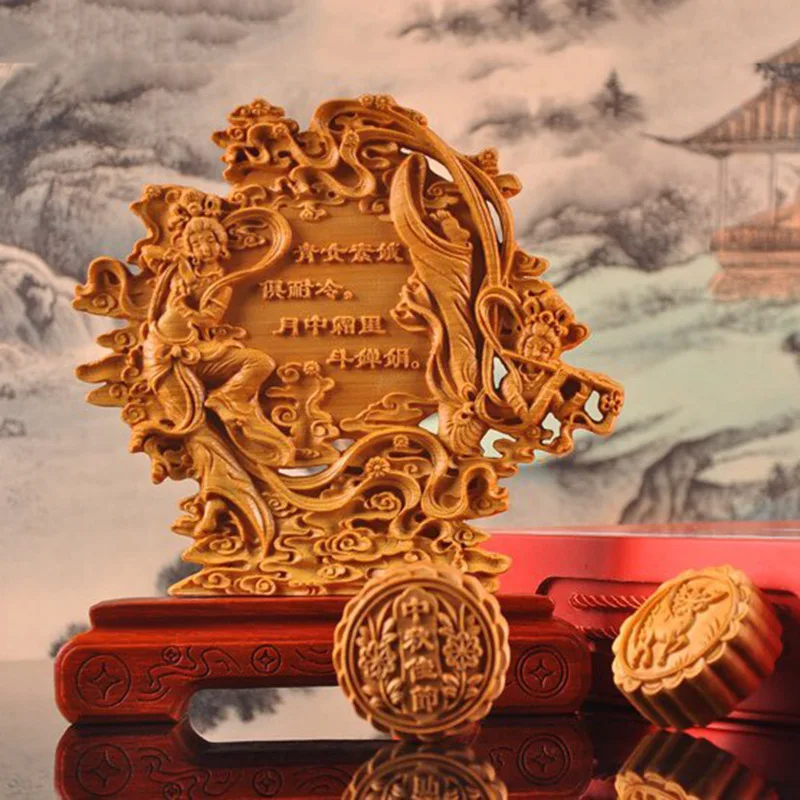 Cliff Cypress Solid Wood Mooncake Set Chang E Flying Immortal Moon Appreciation Double Sided Carved Box Mid Autumn Festival