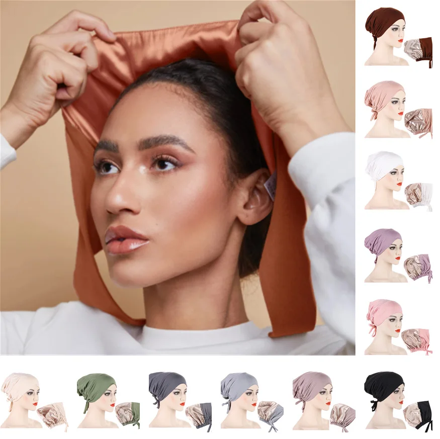 Boné hijab de cetim modal de camada dupla islam undercap com gravata hijabs instantâneos para mulheres lenços turcos turbante muçulmano bandana