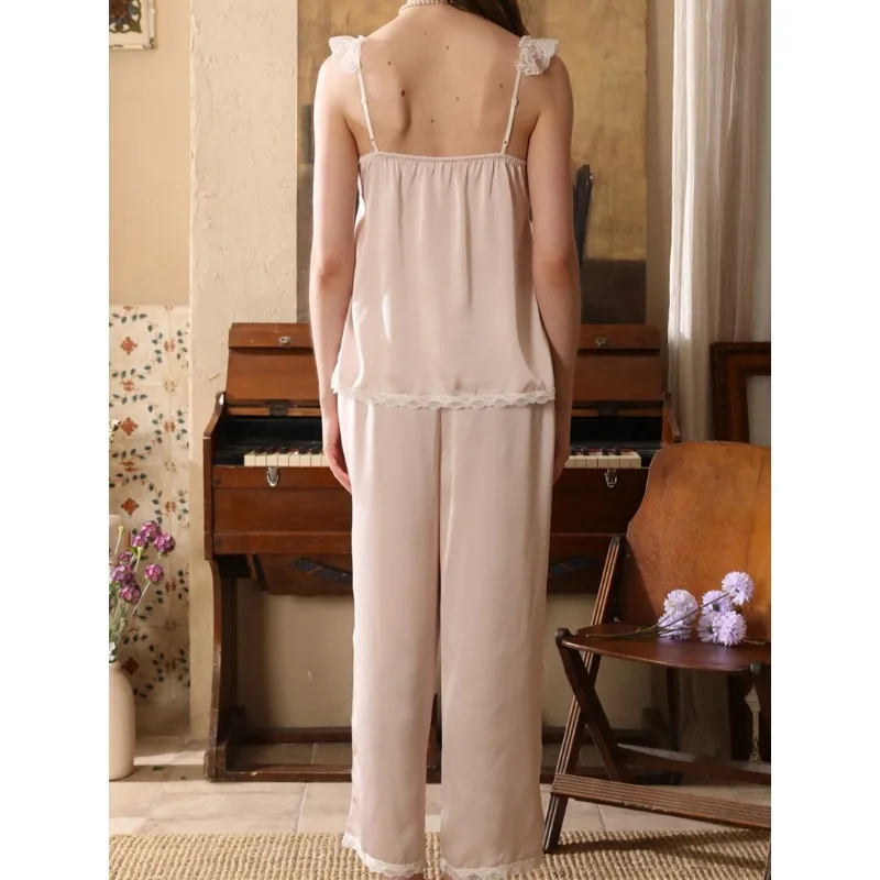 French Retro Square Neck Suspender Trousers Pajama Set Textured Satin Fake Cardigan with Chest Pad Princess Loungewear Women