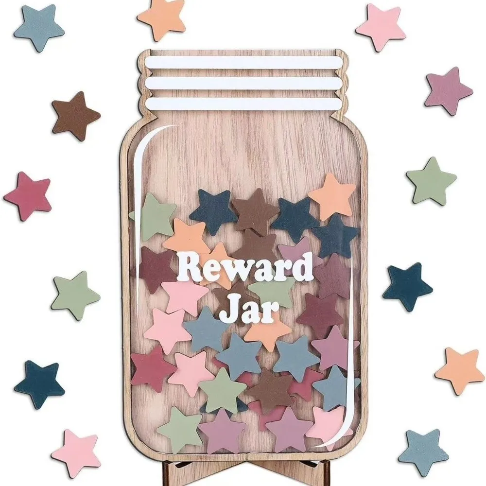 Wooden Positive Behavior Rewards Jar Flower Cartoon Kids Star Reward Jars Incentive Good Behavior Reward