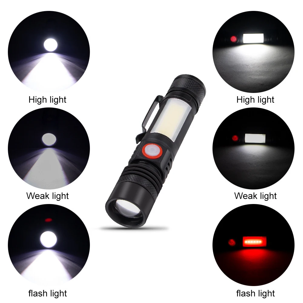 Linterna ABZV-LED linterna impermeable antorcha magnética Zoom T6 + linterna COB con Clip luz de mano portátil batería 18650