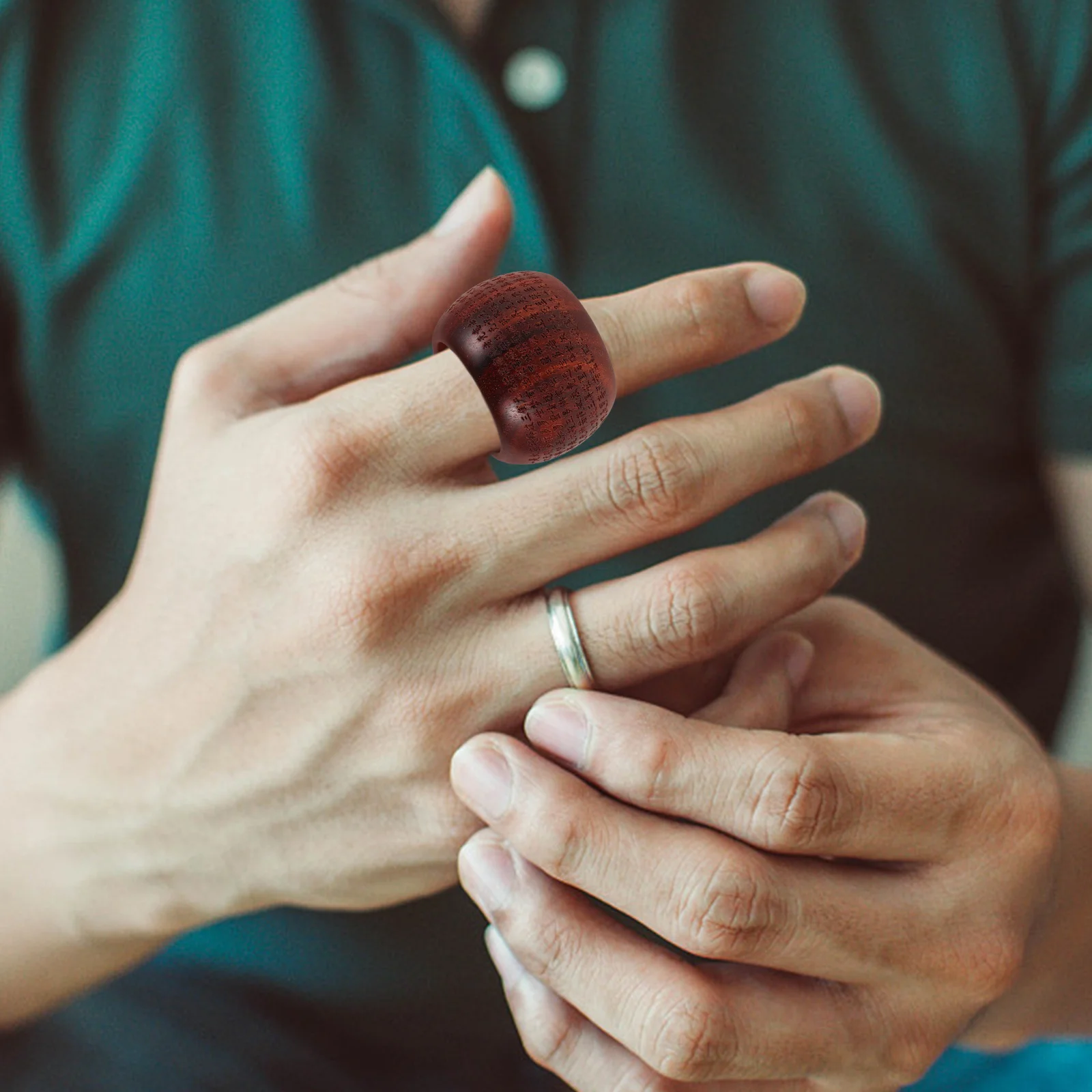 

Mens Adjustable Wood Thumb Ring Buddhist Tiger Pattern Heart Engraved Spiritual Fashion Rings for Meditation Relaxation