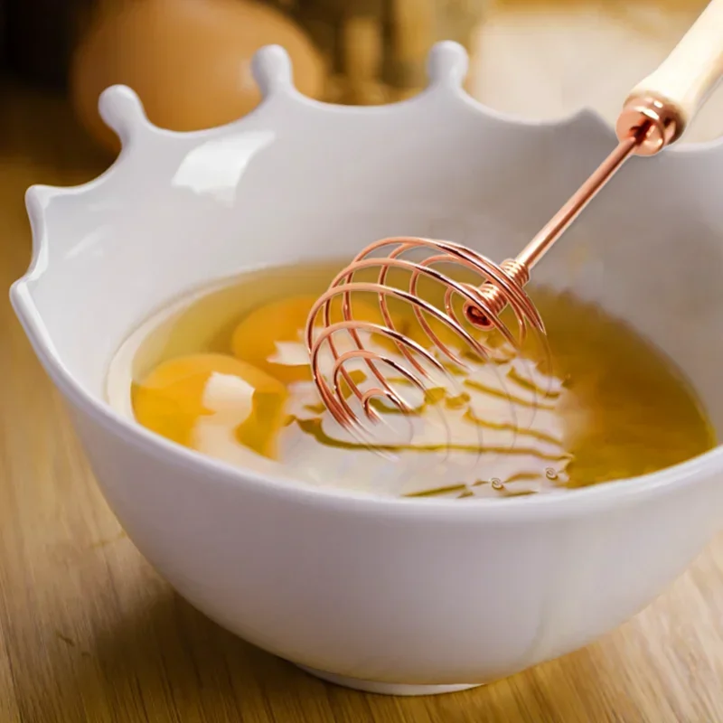 Egg Tools Kitchen Gadgets Stainless Steel Wire Rose Gold Beech Handle Spiral Whisk Cream Beater Stirrer Kitchen Tool
