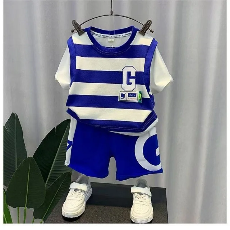 

Boys Cotton Summer Suit 2025 New Baby Clothes Fashion Kids Fake Two Pieces Short Sleeved Striped T-shirt+ Blue Shorts 2pcs Set