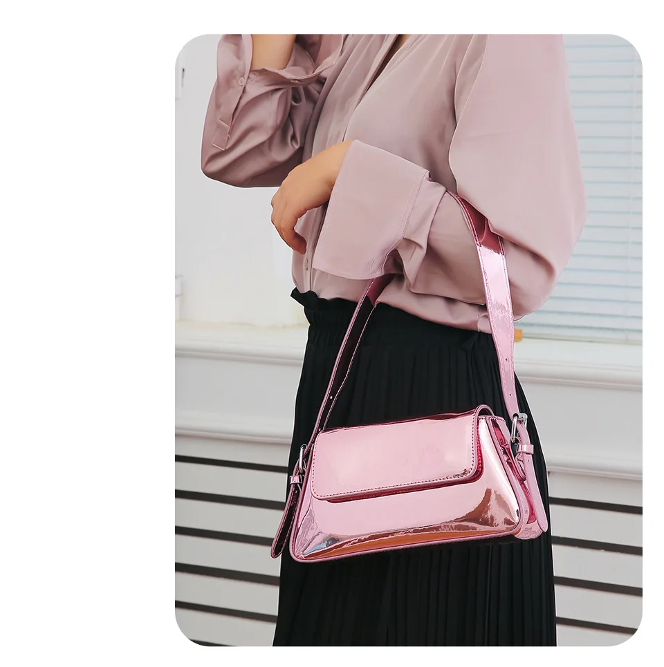 Women\'s Glossy Silver Underarm Bag Trendy Lacquer Leather Bag Personalized Small  Satchels Bag Female  New Fashionable Handbag