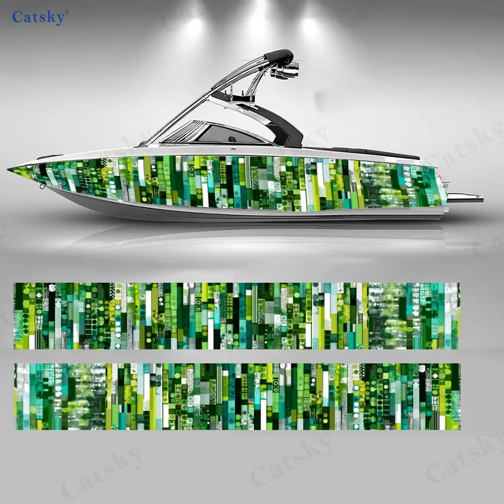 

2Pcs Emerald Pixel Stripe Boat Stickers, PVC Waterproof Durable Vinyl Wrap Decals for Fishing Boats, Durable and Stylish Design