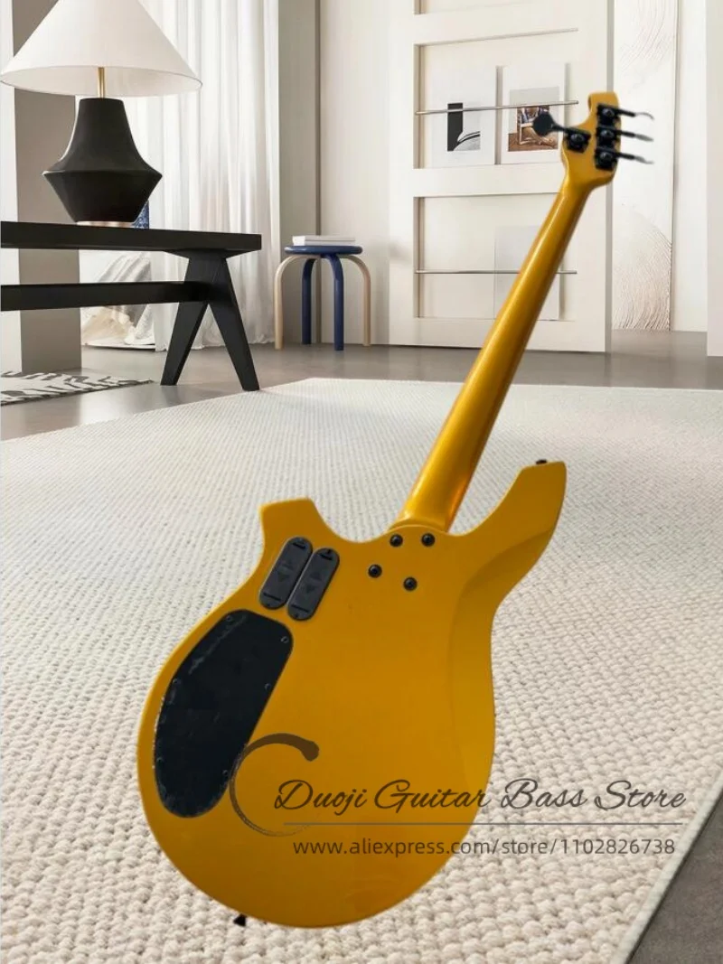 4 string golden bass guitar, black fixed bridge, solid wood body, maple neck, rosewood fretboard, stainless steel frets, black H