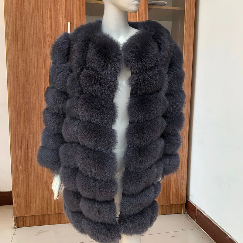 Inverno das mulheres quente genuíno fox casaco de pele longo bloco natural real casaco de pele mangas compridas alta qualidade Senhoras luxo casaco