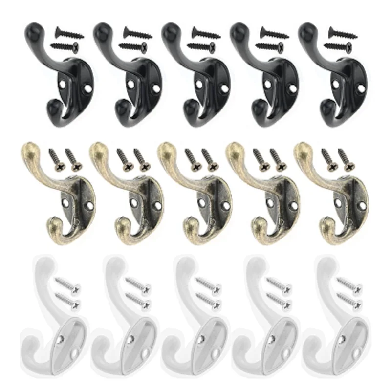 

10pcs Coat Hanger Hooks Double-Prong Home Storage Wall Hooks for Towel Key Hat Bag Bathroom Kitchen Wall Organizer with Screws