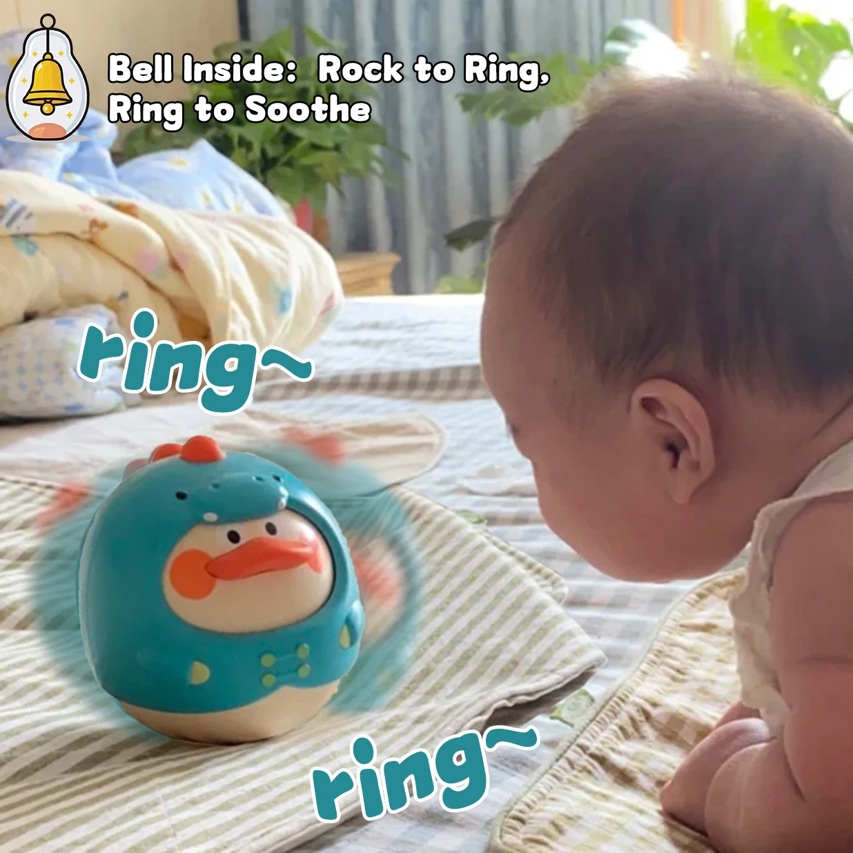 Dinosaurier-Enten-Tumbler-Beißring-Spielzeug mit Glockenrassel – Head-Up-Training und Krabbeltraining, sensorisches Babyspielzeug zur Entwicklung von Conc