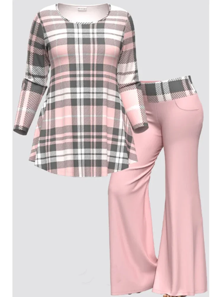 

Women's Casual Matching Set Plus Size Plaid Print Long Sleeve Round Neck Top and Flared Leg Pants Spring Outfits 2 Piece Set