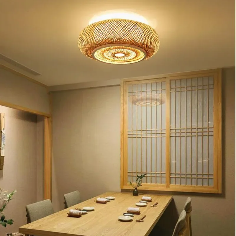 Winfordo Rattan Flush Mount Ceiling Lights Fixture Boho Handmade Ceiling Chandelier Home Decorative for Bedroom Kitchen Foyer