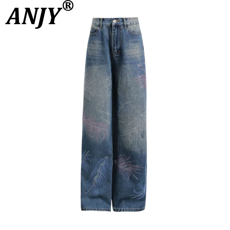 

ANJY Autumn New Women Jeans Heavy Craft Studded Diamonds Slimming Straight Casual High Street Elegant Chic Y2K Denim Pants A8760
