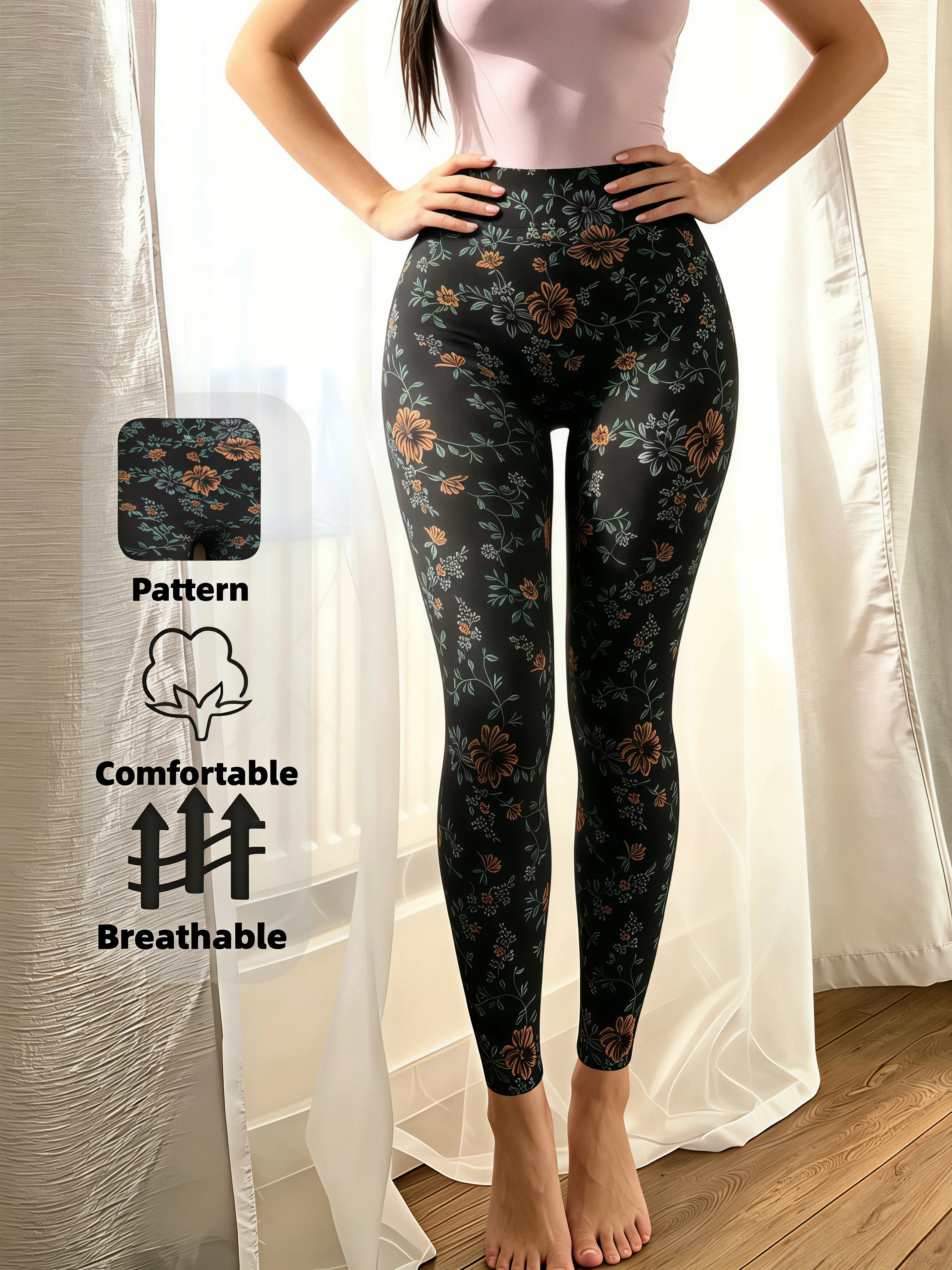 Women's Vintage Floral Leggings Black Floral Print Seamless Soft Skin Friendly High Stretch Pants for Work Casual Sports view 4