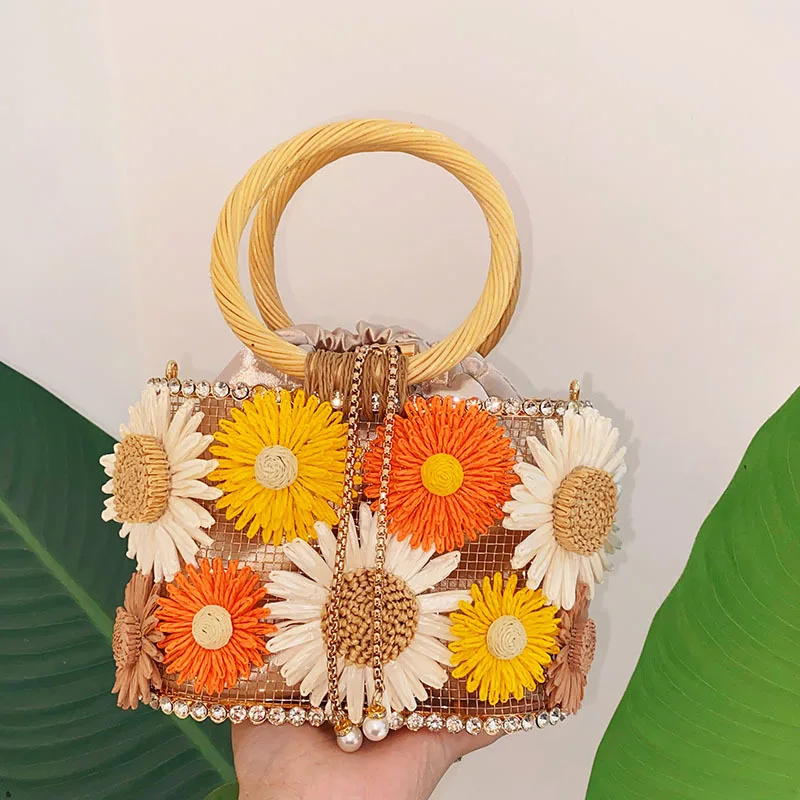 

Женская сумка с подсолнухом и птичьей клеткой, металлическая сумка-корзина с бриллиантами для женщин, сумка на плечо из ротанга с круглой ручкой, роскошный вечерний клатч