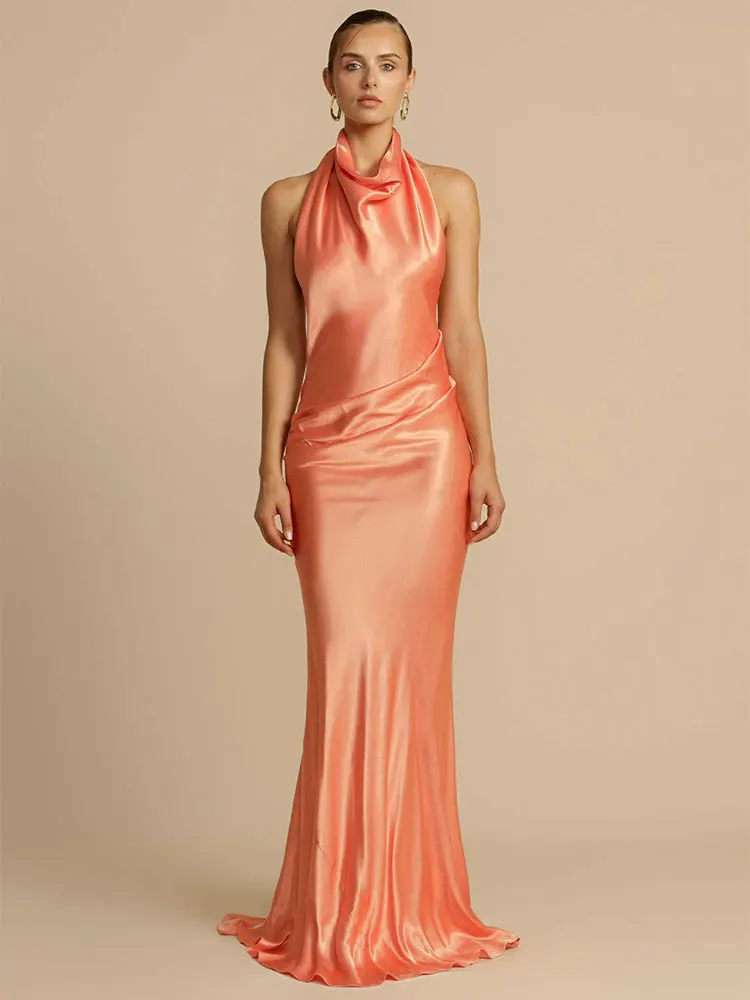 GACVGA-Vestidos largos de satén elegantes para mujer, ropa de calle de verano, vestido largo de fiesta Sexy con cuello Halter sin mangas y espalda descubierta
