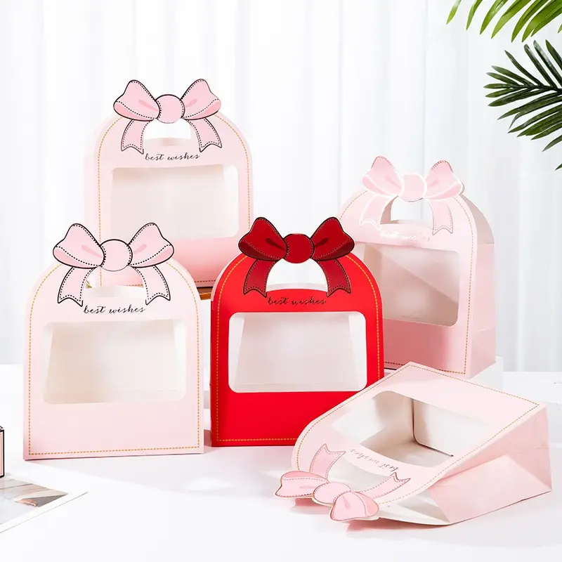 Portable Flower Box Rosette Knot Handle Florist Rose Bouquet Packaging Box Valentine'S Day Mother'S Day Gift Packaging Bag