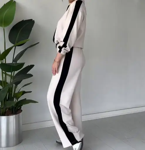 Two Piece Set Women Outfit 2025 Spring Autumn New Turn-Down Collar Contrast Lazy Long Sleeve Top & Casual Pocket Pants Set