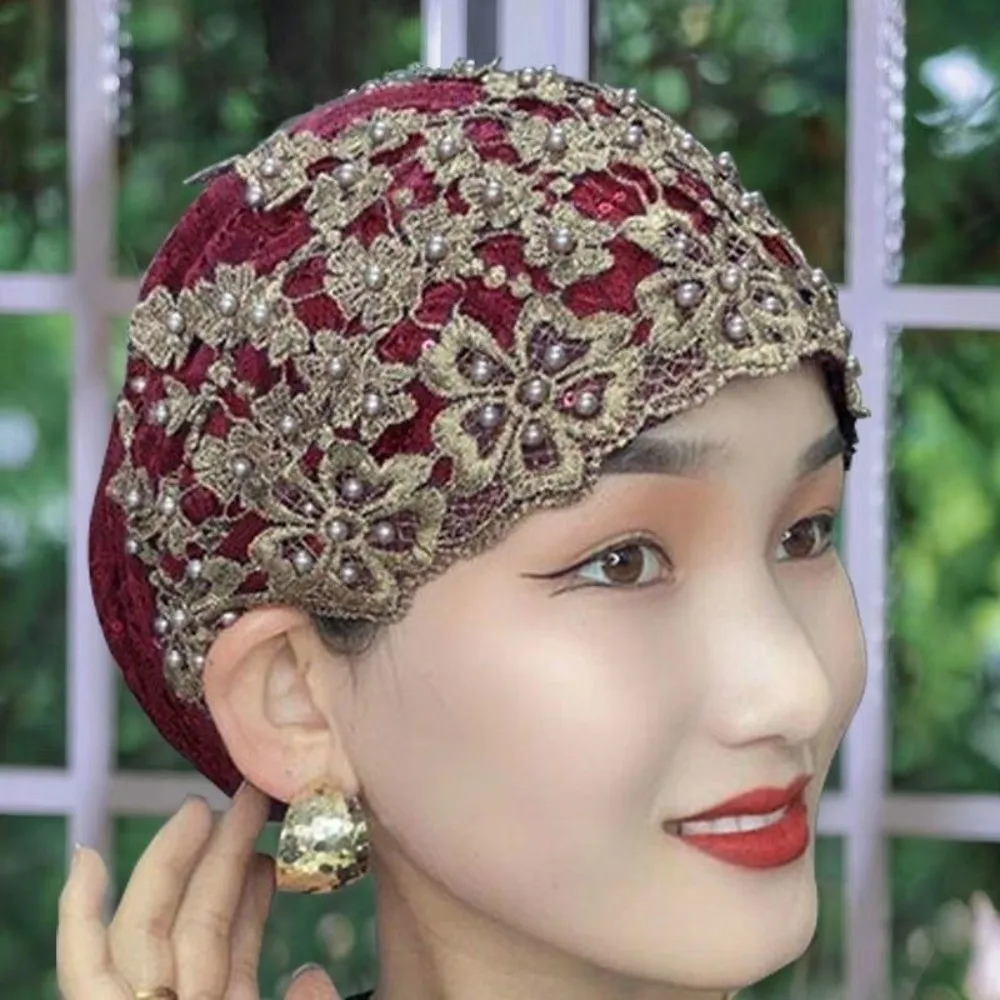 

Beaded Decoration Ethnic Headscarf Hat Comfortable Soft Ethnic Beaded Hat Personality Solid Color Pullover Hat Cultural Wear