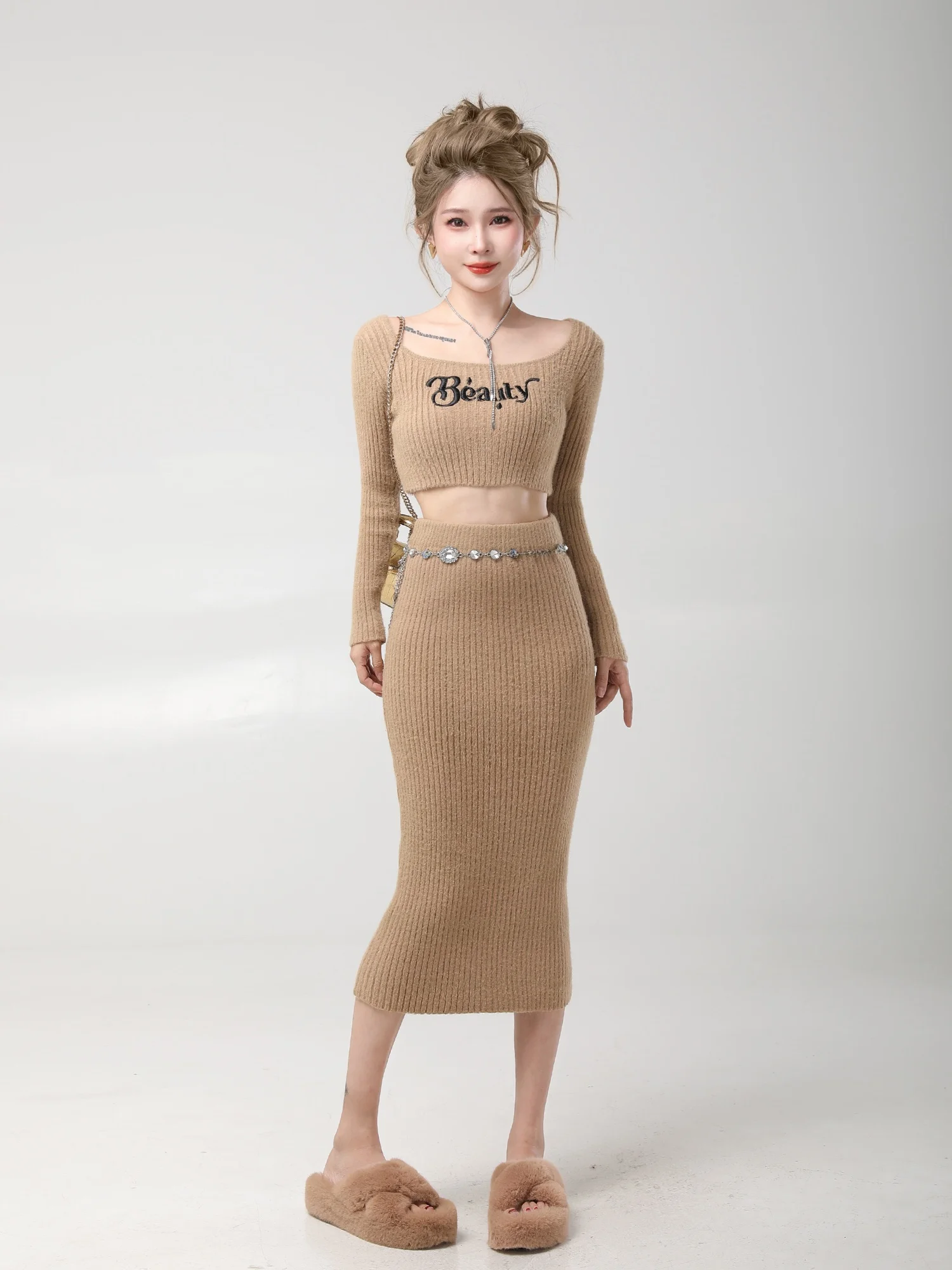 

Женский вязаный свитер, юбка, комплект с квадратным воротником и высокой талией, облегающий миди из двух предметов, осенне-зимний ансамбль Faion