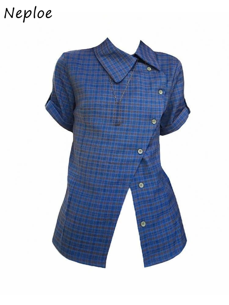 

Neploe Designed Minority Simple Office Lady Shirt Short Plaid Vintage All-match Blouses Irregular Vent Spice Girls Casual Blusas