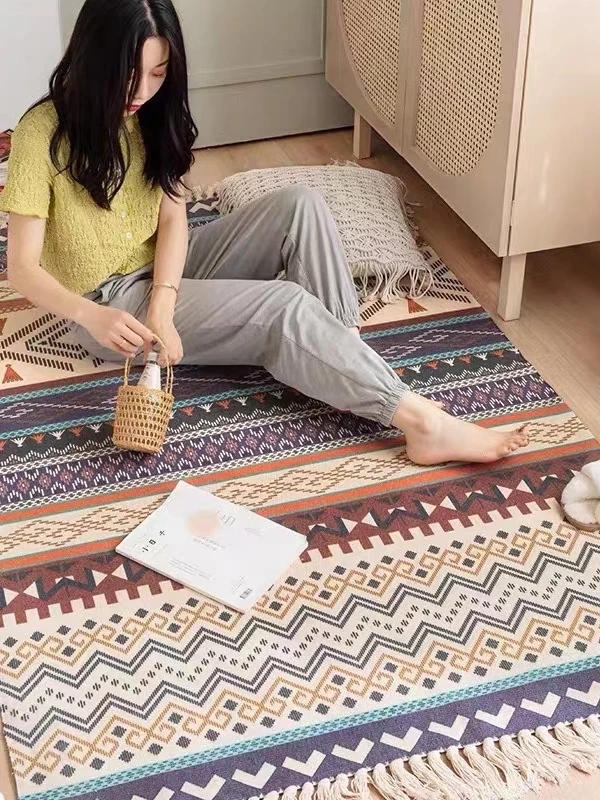 

Handwoven Cotton Tassel Carpet Ethnic Style for Bedroom Living Room Balcony Study Children's Play Mat under Bed Window Pad
