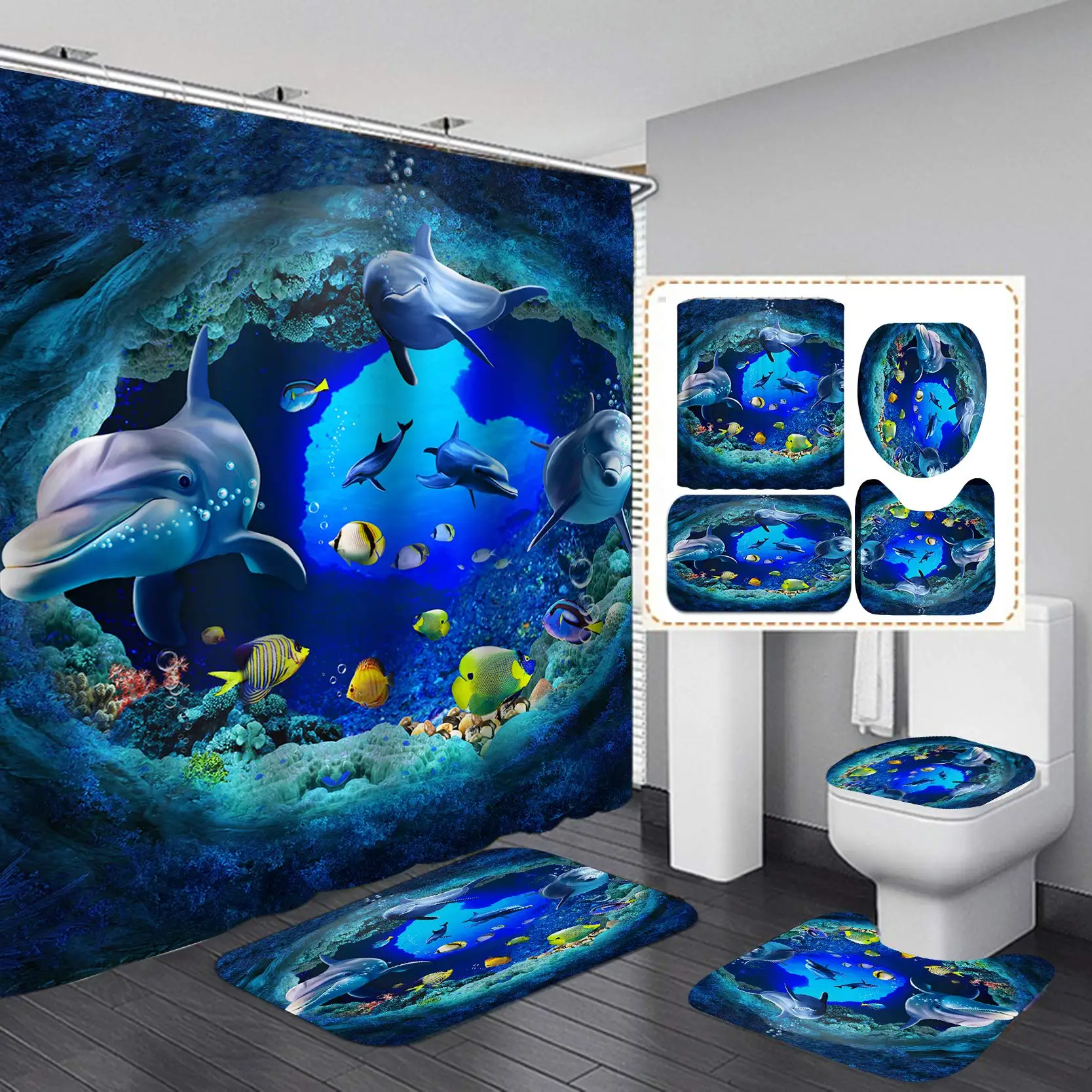 Fashion Sea World Dolphin Shower Curtain Set Bathroom Shower Curtain Set Non-Slip Bath Mat Toilet Lid Cover Polyester Waterproof