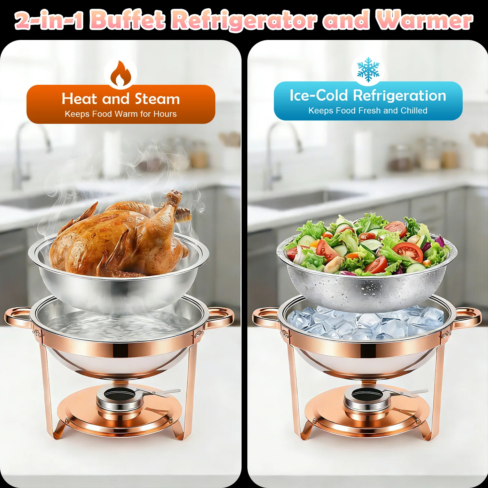 Chafing Dish Set Gold-Plated 5QT Round Warmer Server Stainless Steel 316 with Glass Lids – Premium Buffet & Hot Pot Serving for Parties Buffets Weddings Birthdays 1/2/4/6 Pack
