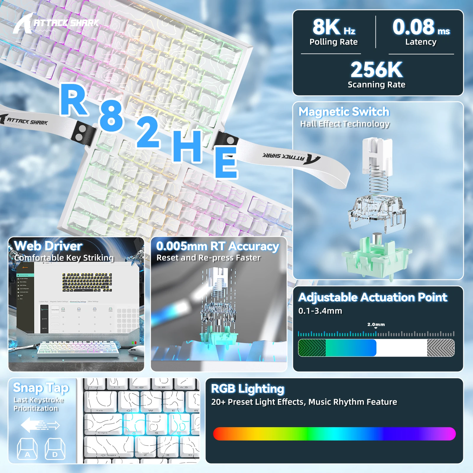 

ATTACK SHARK R82 HE Проводная механическая игровая клавиатура с быстрым триггером TKL NKRO с закатами 8K, точность 0,005 мм RT