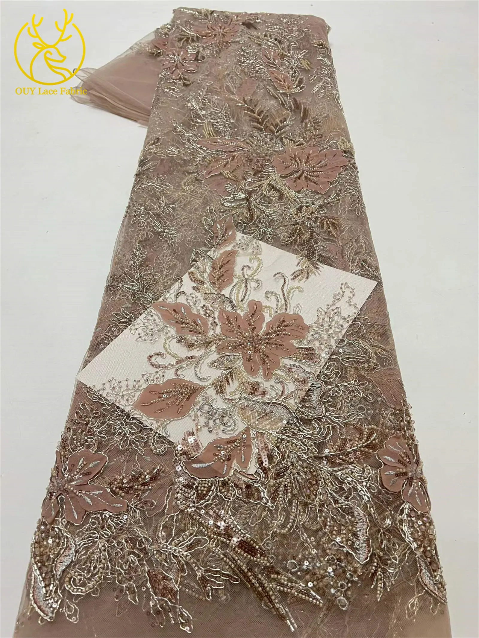 Neuester luxuriöser afrikanischer bestickter Spitzenstoff mit Perlen und Pailletten, 5 Yards französischer Tüll-Spitzenstoff für Party- und Hochzeitskleider zum Nähen. – Detail 19