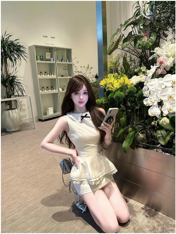 صيف جديد الحلو دمية طوق Svel عقدة أعلى الخصر Cinching التخسيس ort تنورة قطعتين مجموعة المرأة Faion #2