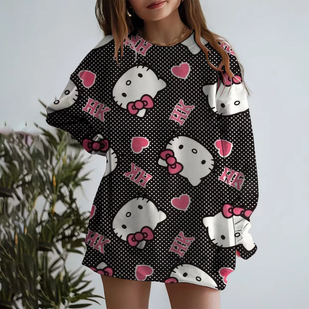 Hello Kitty Women's Autumn/Winter Sweet Cute Women's Cartoon Loose Round Neck Korean Y2k Girls' Fashion Versatile Top