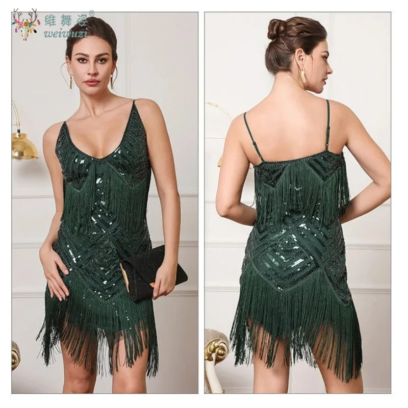 나이트 클럽 레트로 섹시 로우 컷 딥 브이넥 서스펜더 스팽글 술 드레스 열정적이고 제한없는 칵테일 파티 이브닝 ​​가운