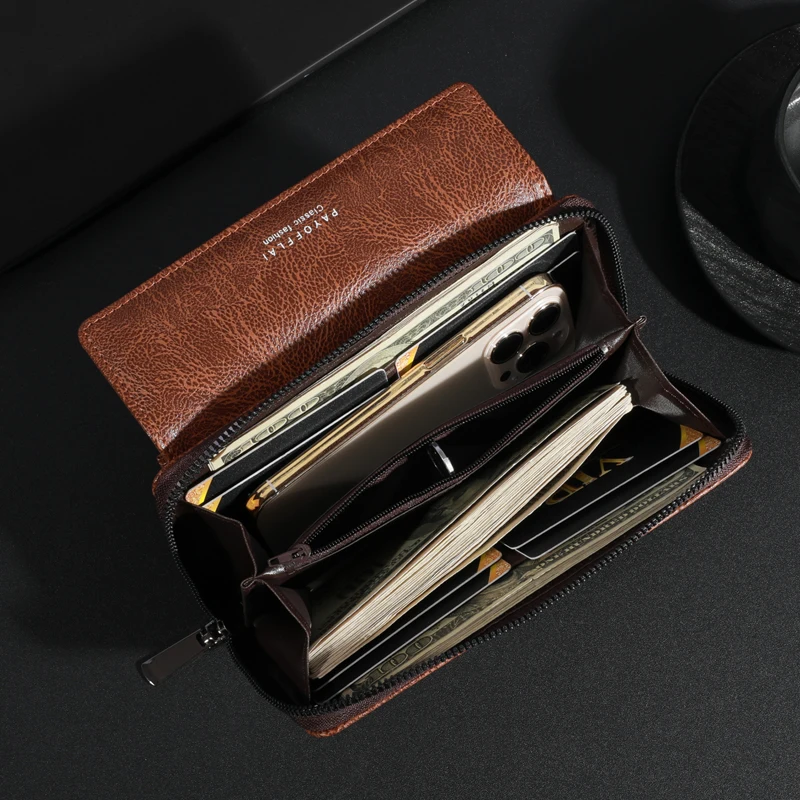 Men's PU Zipper Handbag Large Capacity Long Wallet Clutch Bag Phone Bag Multi card Card Holder Coin Purse Wallet Double Layer