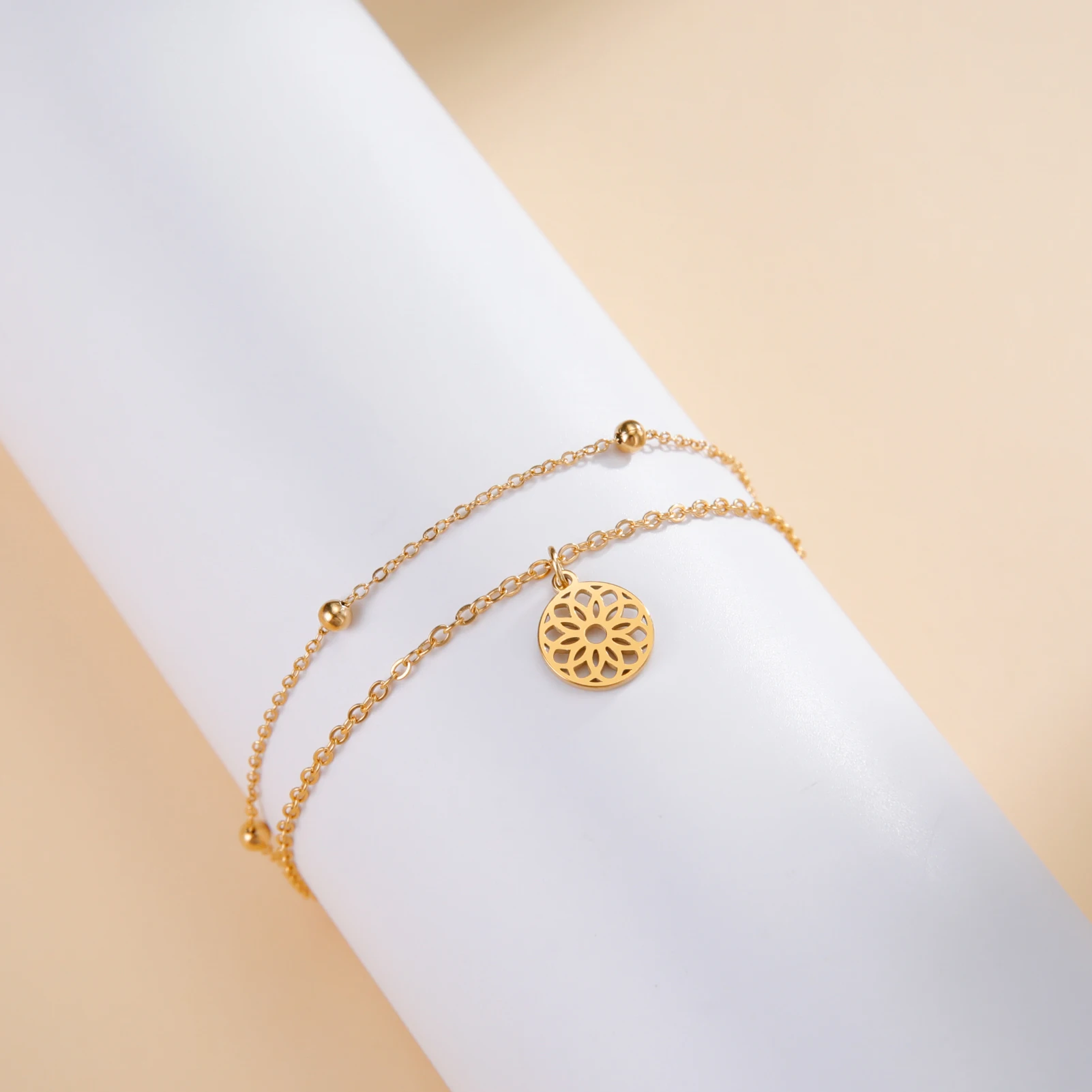 Pulseira Flower of Life Cazador para mulheres, aço inoxidável, jóias estéticas, corrente dupla, presente na mão, atacado, 2024