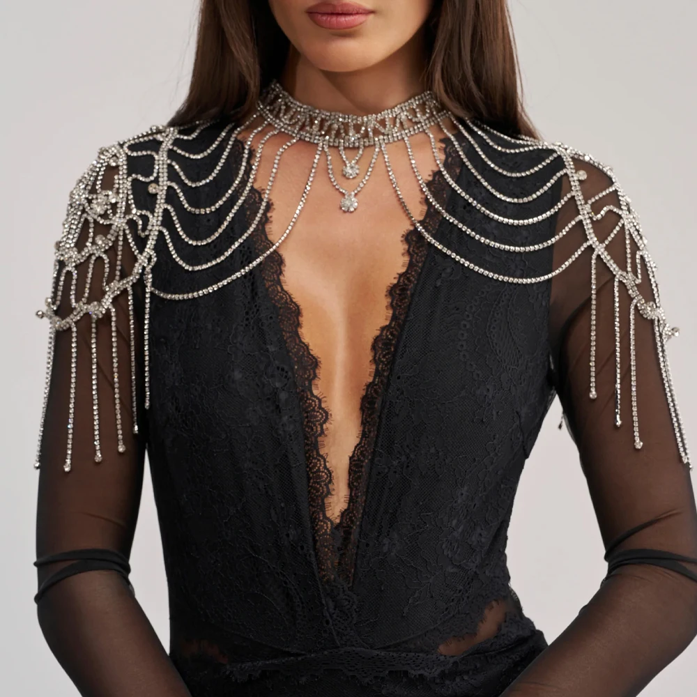 Elegant Bridal Tassel Shoulder Chain Necklace Dress Accessories Fashion Multilayer Rhinestone Body Chain Top Wedding for Women
