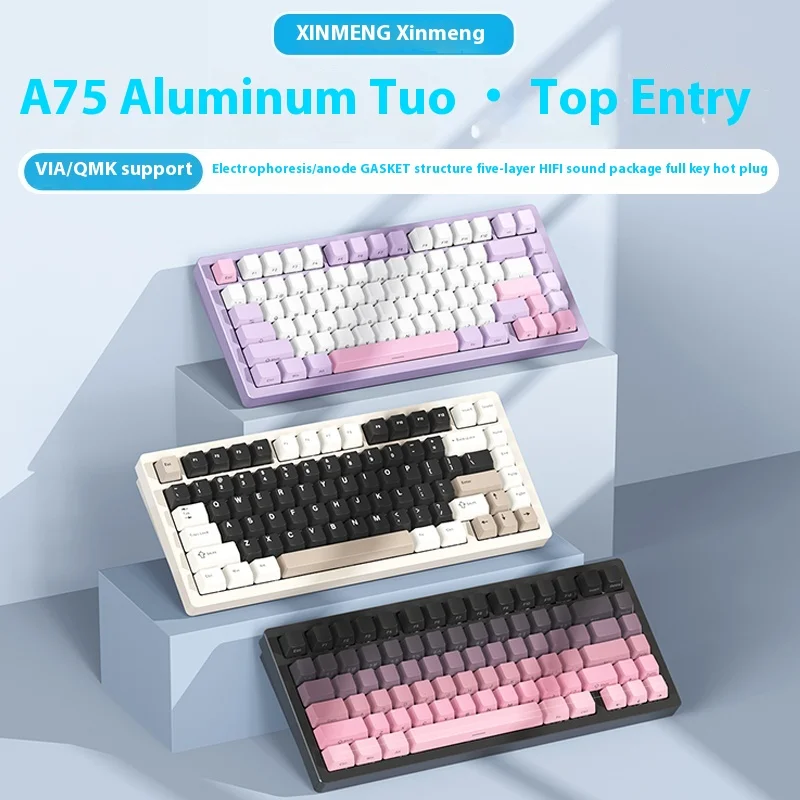 XINMENG A75 three-mode mechanical keyboard aluminum alloy RGB 10000mAh low latency wireless gaming keyboard supports VIA/QMK PC