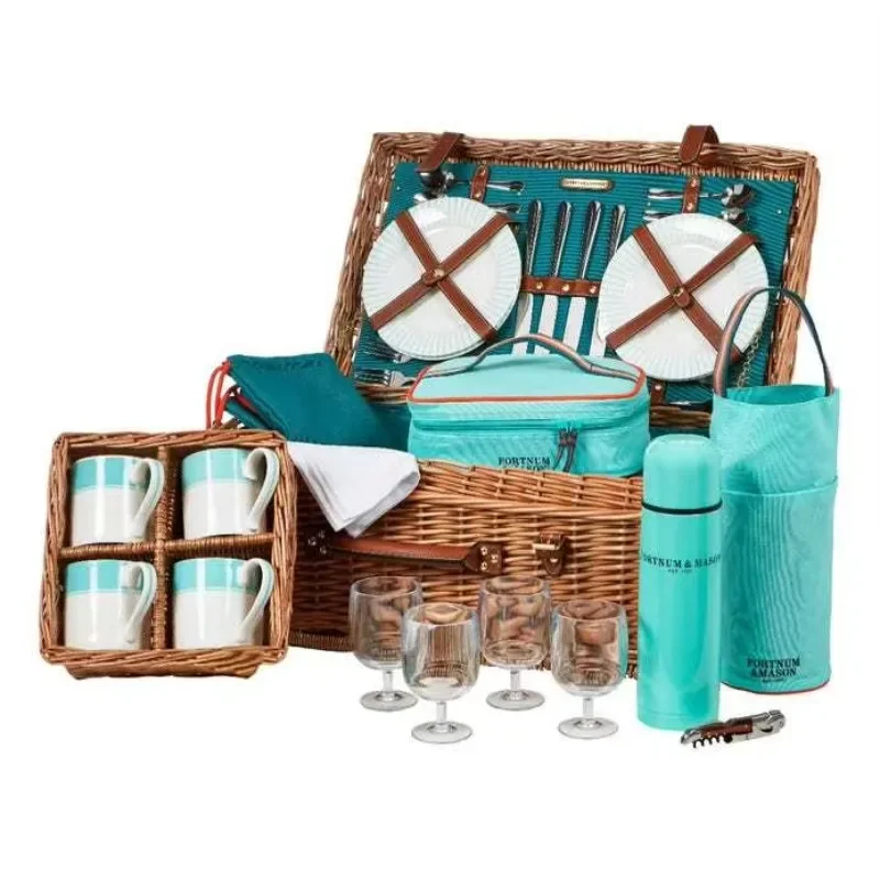 Custom Luxury Handmade Willow Wicker Insulated Picnic Basket Set Square Lid 4 Person Outdoor Picnic Cooler Basket With Gift Box