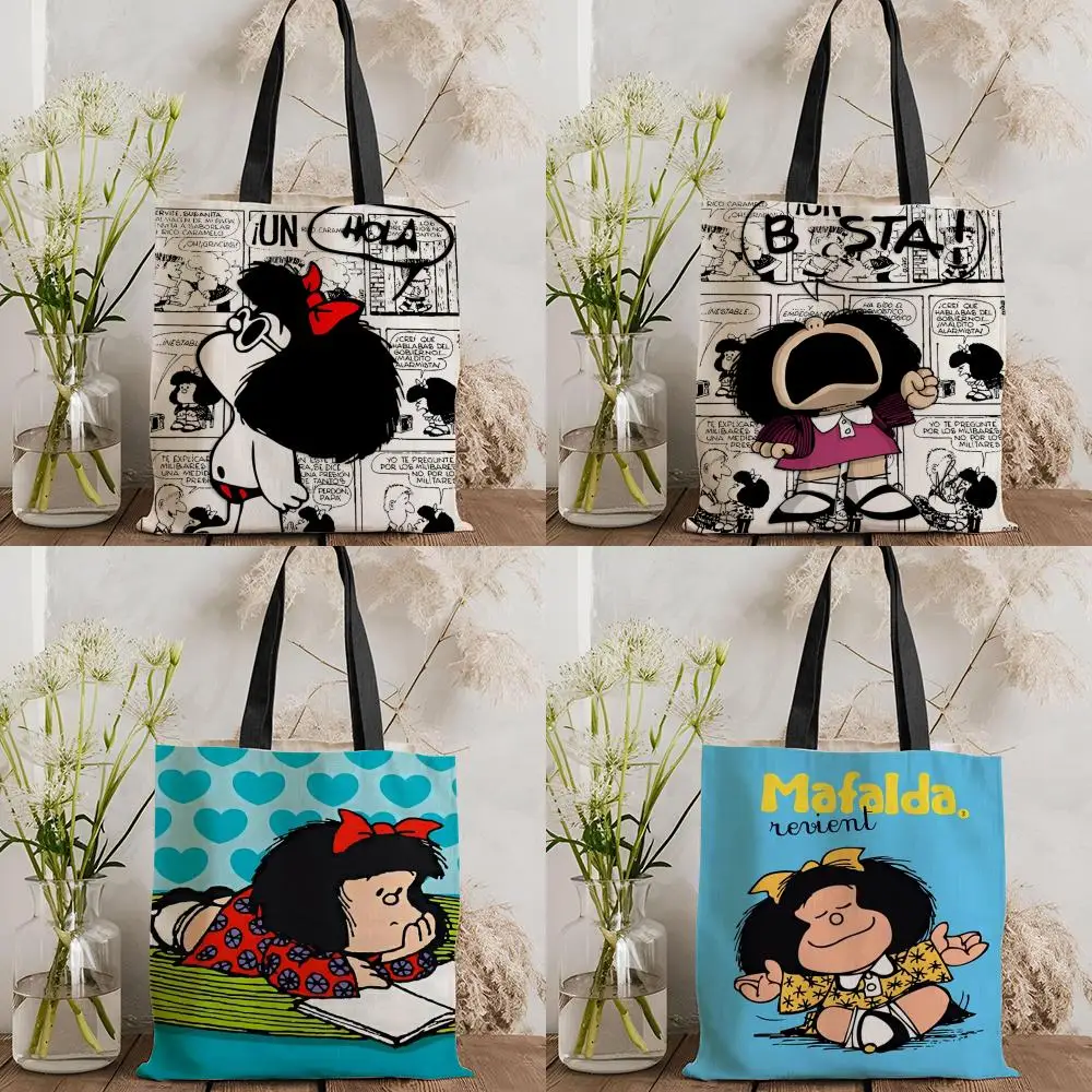 Bolsas de Almacenamiento con Diseño de Mafalda, Bolsa de Lona Floral de Doble Cara: Bolsa de Hombro Estética de Gran Capacidad