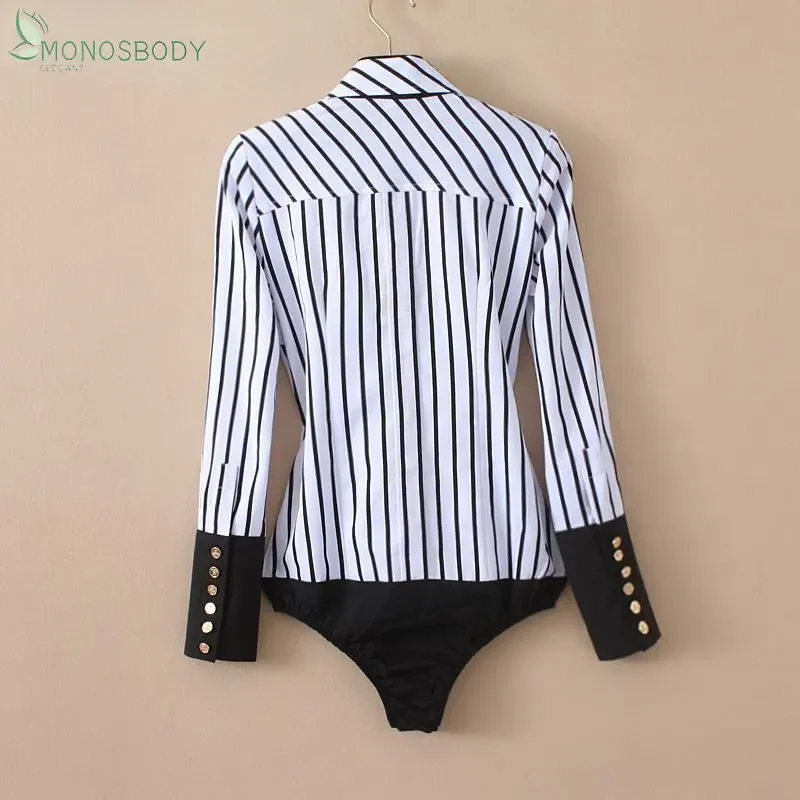 2024 New Elegant Striped Bodysuits for Women Fashion Body Shirt Business Rompers Office Lady Overalls Work Wear Blouses and Tops