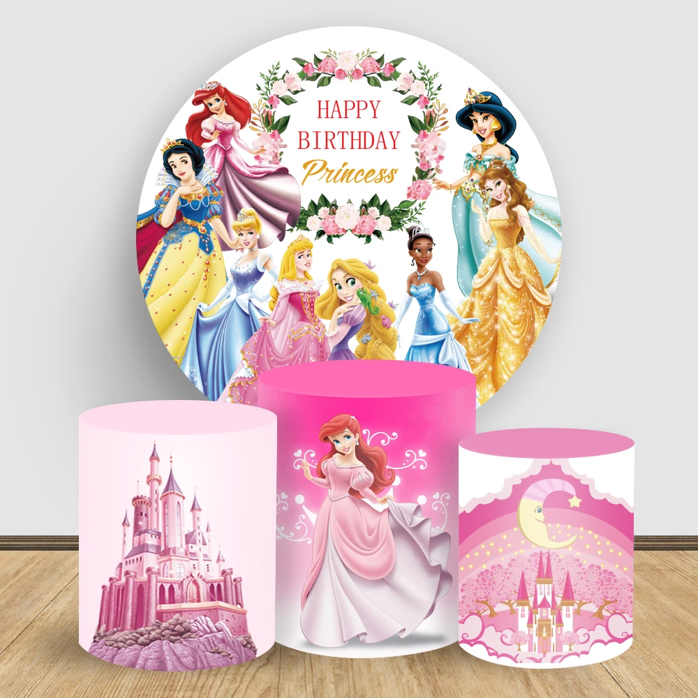 Disney Fairy Tale Princesses Design Girl Birthday Party Decoration Round Backdrop Cover and Cylinder Covers for Background Props