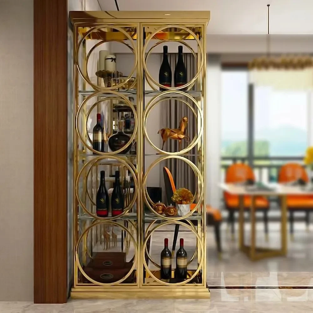 Factory Direct 2026 Luxury Hotel Wine Cabinet Gold Shelf Freestanding Installation Glass Wine Cellar Wine Cabinet