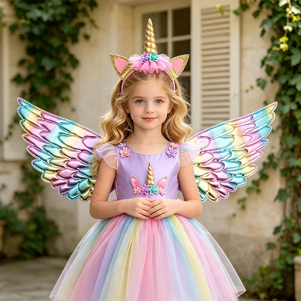 Einhorn-Kleid für Mädchen, Buchwochen-Kostüm, Kinder-Regenbogen-Kleid, Buntes Sommerkleid, Festliches Geburtstagskleid, Prinzessinnen-Halloween-Kostüm – Detail 7