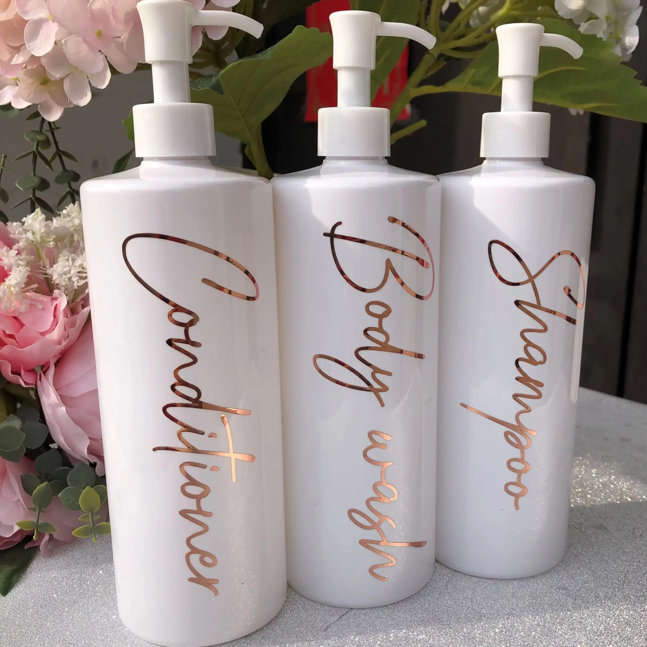 

Personalised Soap Dispenser Bottle Rose gold bathroom organiser 500ml Shampoo Bottle Conditioner Body Wash Refill Empty Bottles