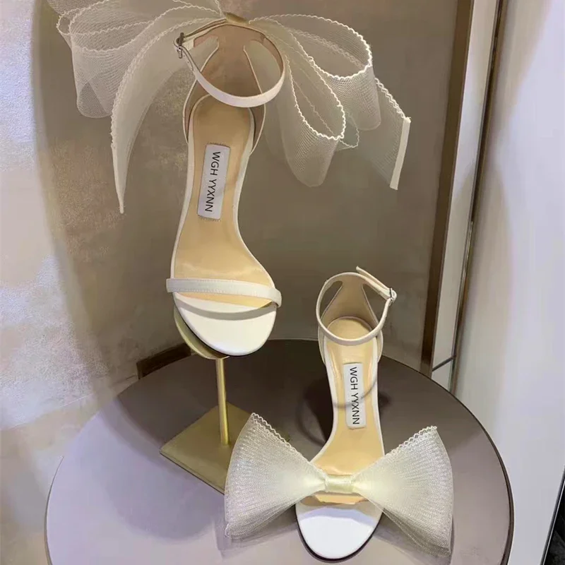 Estate moda fiocco a punta maglia di seta viso sposa scarpe da sposa passerella Stiletto di grandi dimensioni tutto-fiammifero banchetto vestito