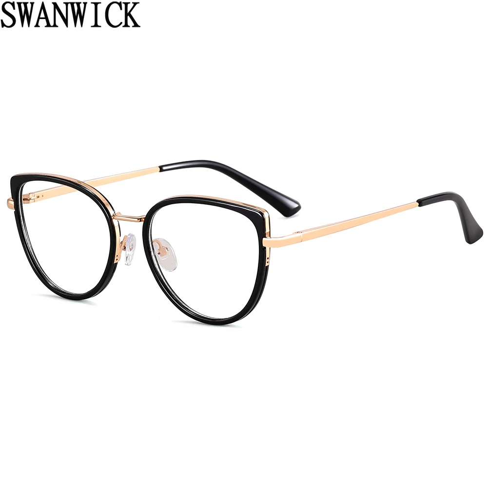 

Swanwick retro glasses anti blue light TR90 half metal cat eye glasses frame women black brown clear lens light weight ladies