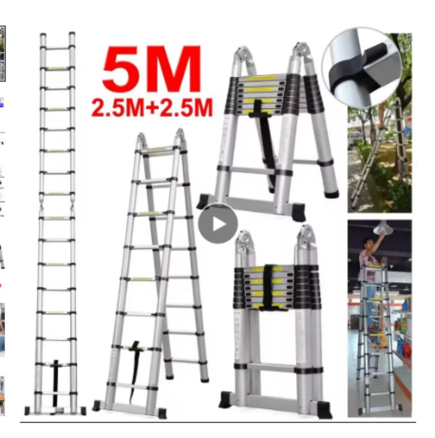 16.5FT(8.2ft+8.2ft)/5M Multi-Purpose Telescopic Aluminium Ladder,Extendable Folding Ladder, Non-Slip Steps, 150 kg Load Capacity