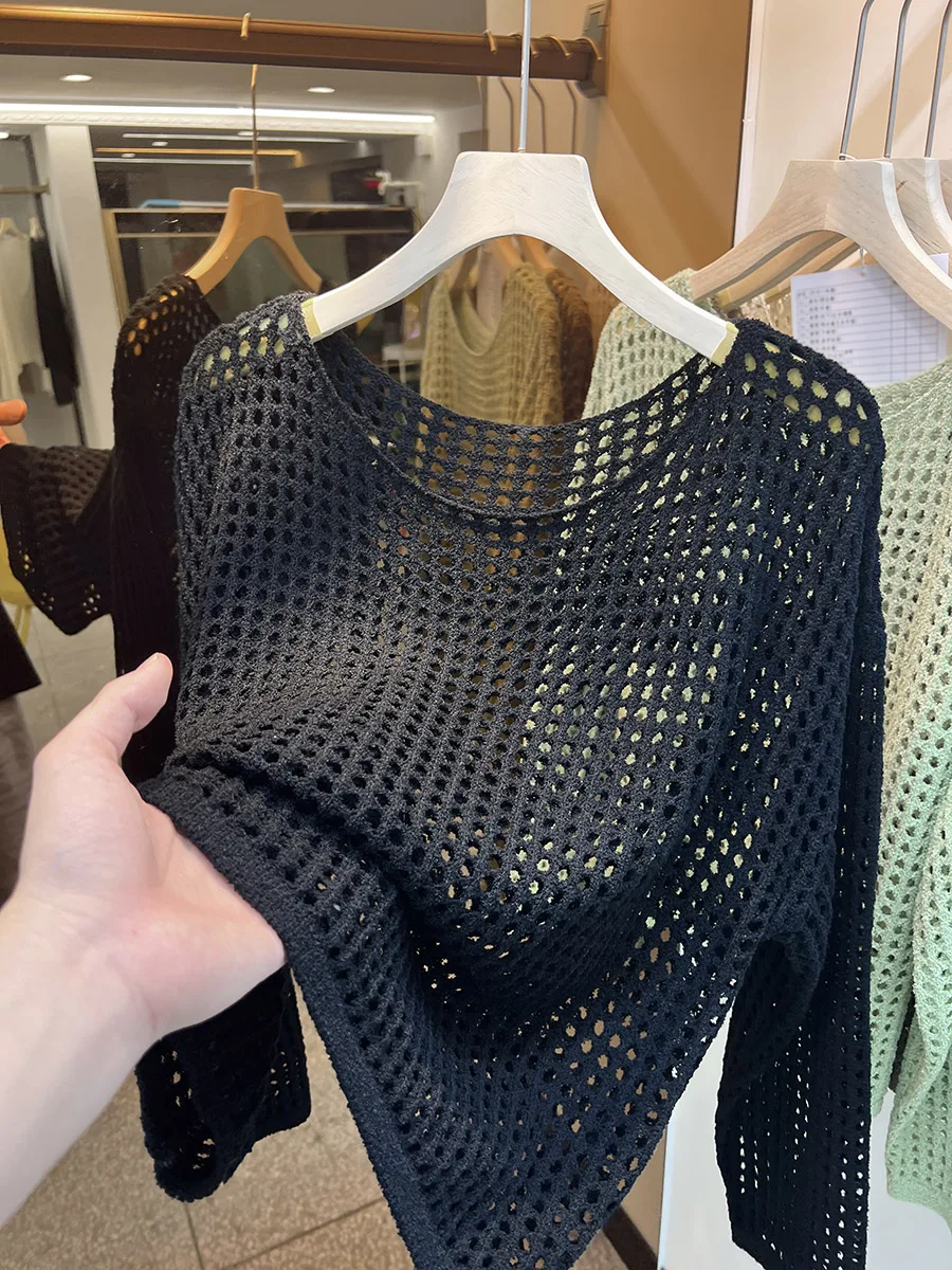 Bild 4: Lässiger Langarm-Pullover mit Lochmuster für Damen, Sonnenschutz-O-Ausschnitt Strickpullover, Damen-Oberteile, Pullover Q3446