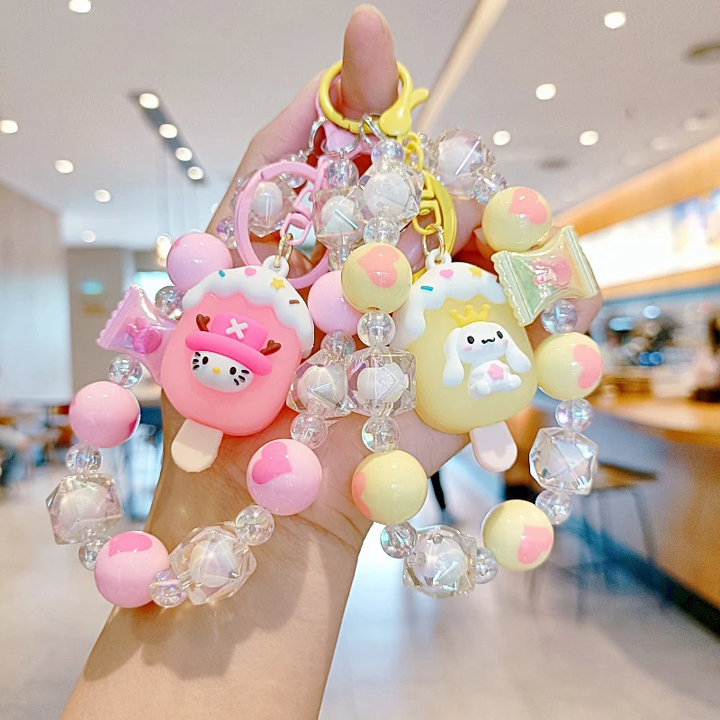 Cute Sanrio Cinnamoroll Kuromi Ice Cream Doll Beaded Mobile Phone Lanyard Car Keychian Creative Backpack Decoration Accessories