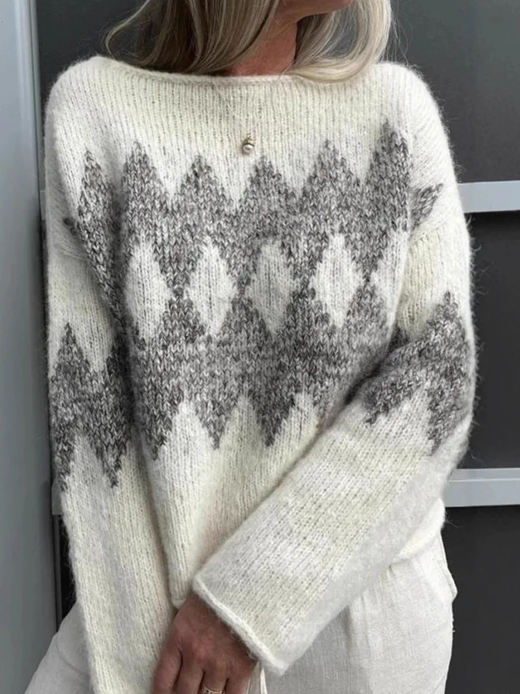 

New 2025 Autumn Winter Sweater Women Fashion Off-shoulder Long Sleeve Pullovers Color-block Argyle Knitted Tops